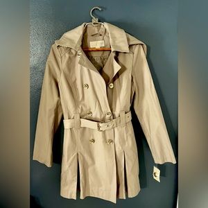 Michael Kors double breasted trench coat, removal hood, gold buttons. NWT